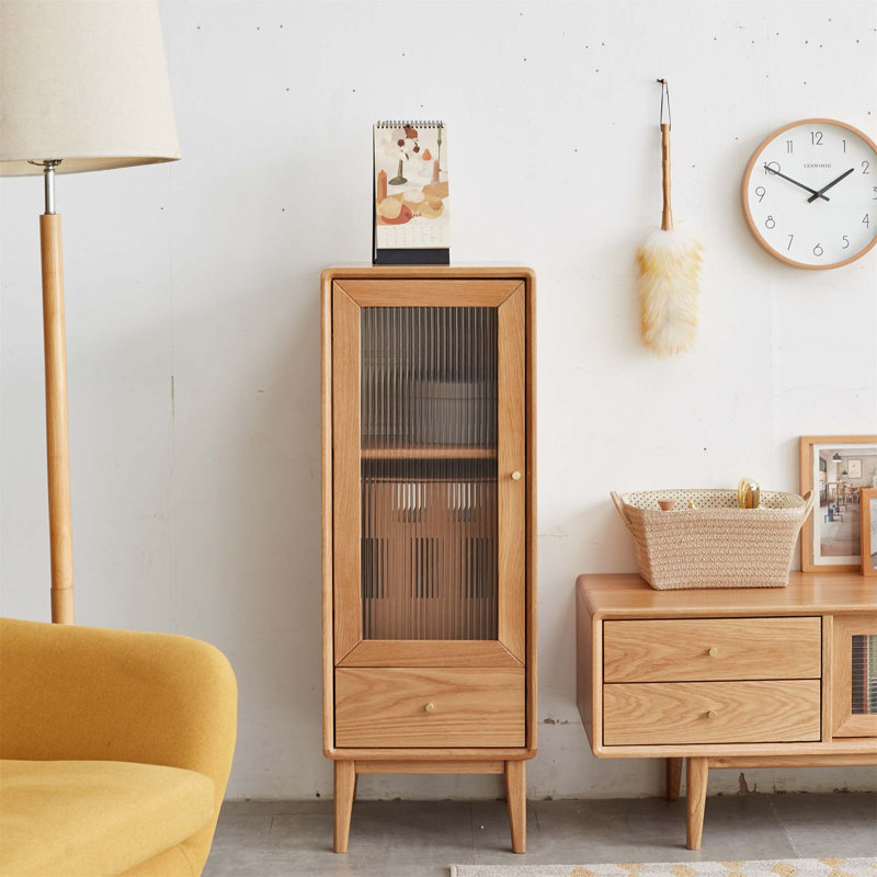 George Oliver Solid Oak Storage Cabinet For Living Room Free Standing Corner Cabinets Storage Table With Vintage Glass Door 2 Shelves 1 Drawers Handle For Entryway Kitchen Hallway Tv Stand Wayfair